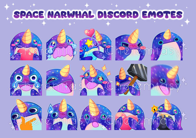 Discord emotes of a space narwhal character I designed.